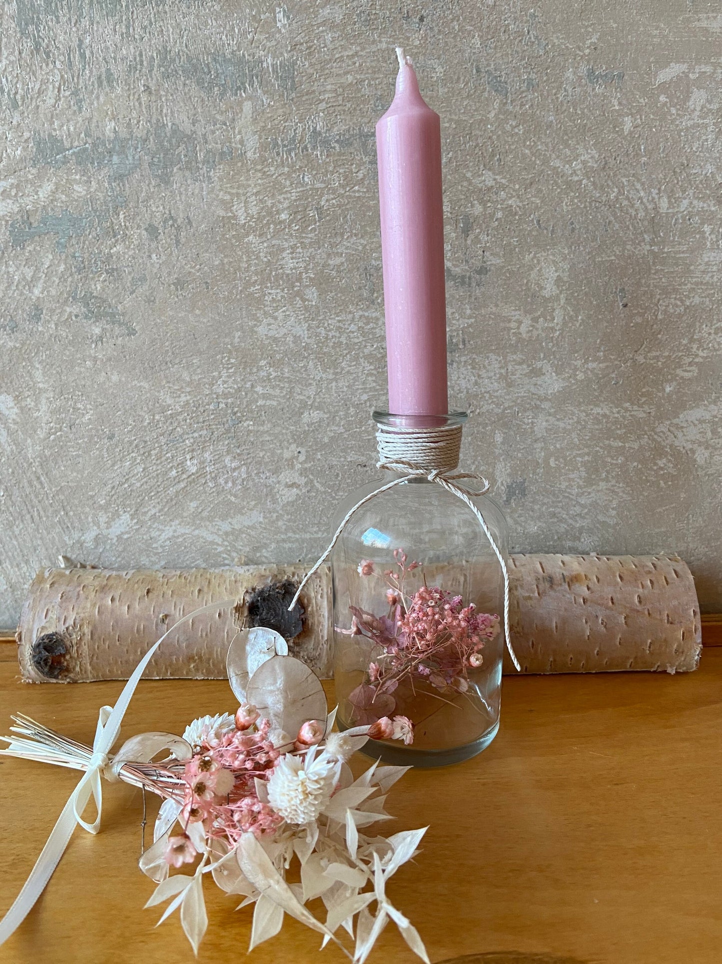 Kerze | Trockenblumen | Glasflasche | Schleifenband