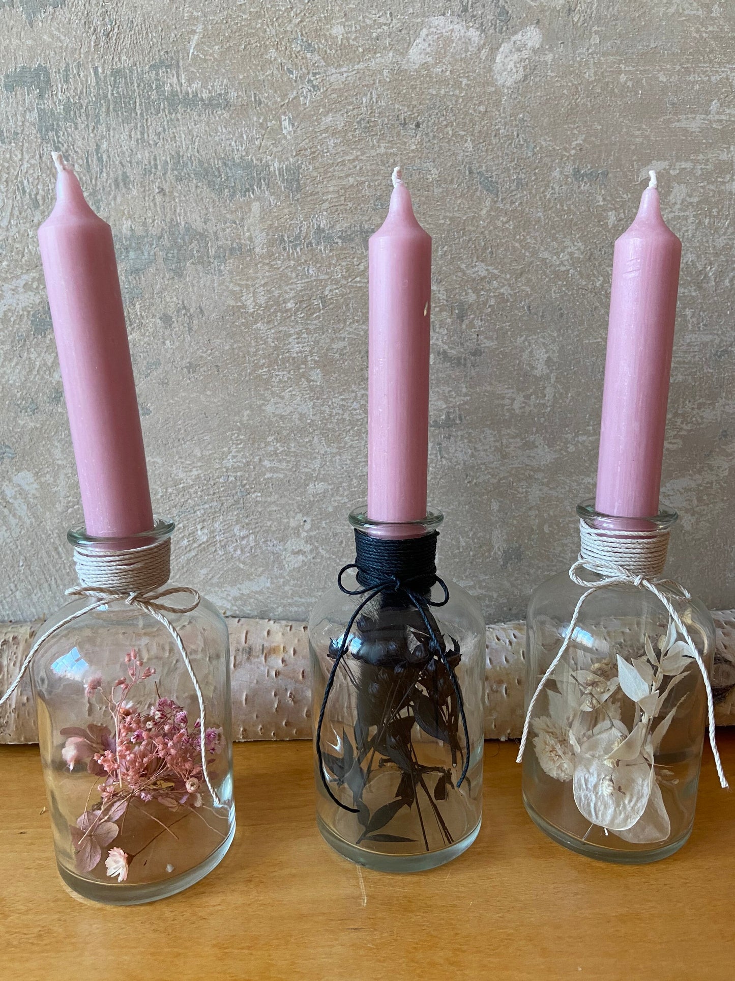 Kerze | Trockenblumen | Glasflasche | Schleifenband