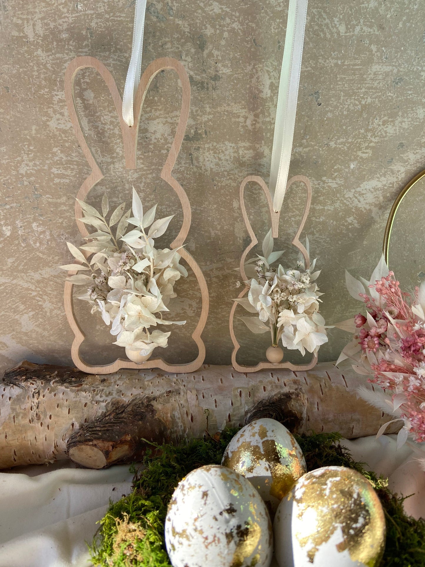 Hase | Osterhase | Holzhase | getrocknete Blüten | Ostern | Ostertisch | Osterdeko |Trockenblumen | Deko | Einladung | Tischdeko | Anhänger