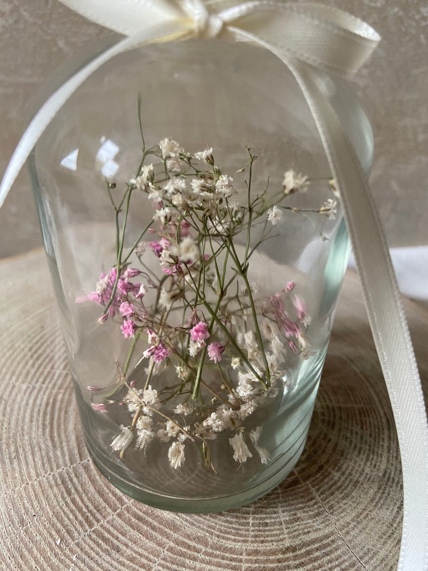 Glasflasche | Trockenblumen | Kerze | Schleifenband | Schleierkraut | weiß | rosa | Tischdeko | Hochzeitsdeko | kleine Geschenke