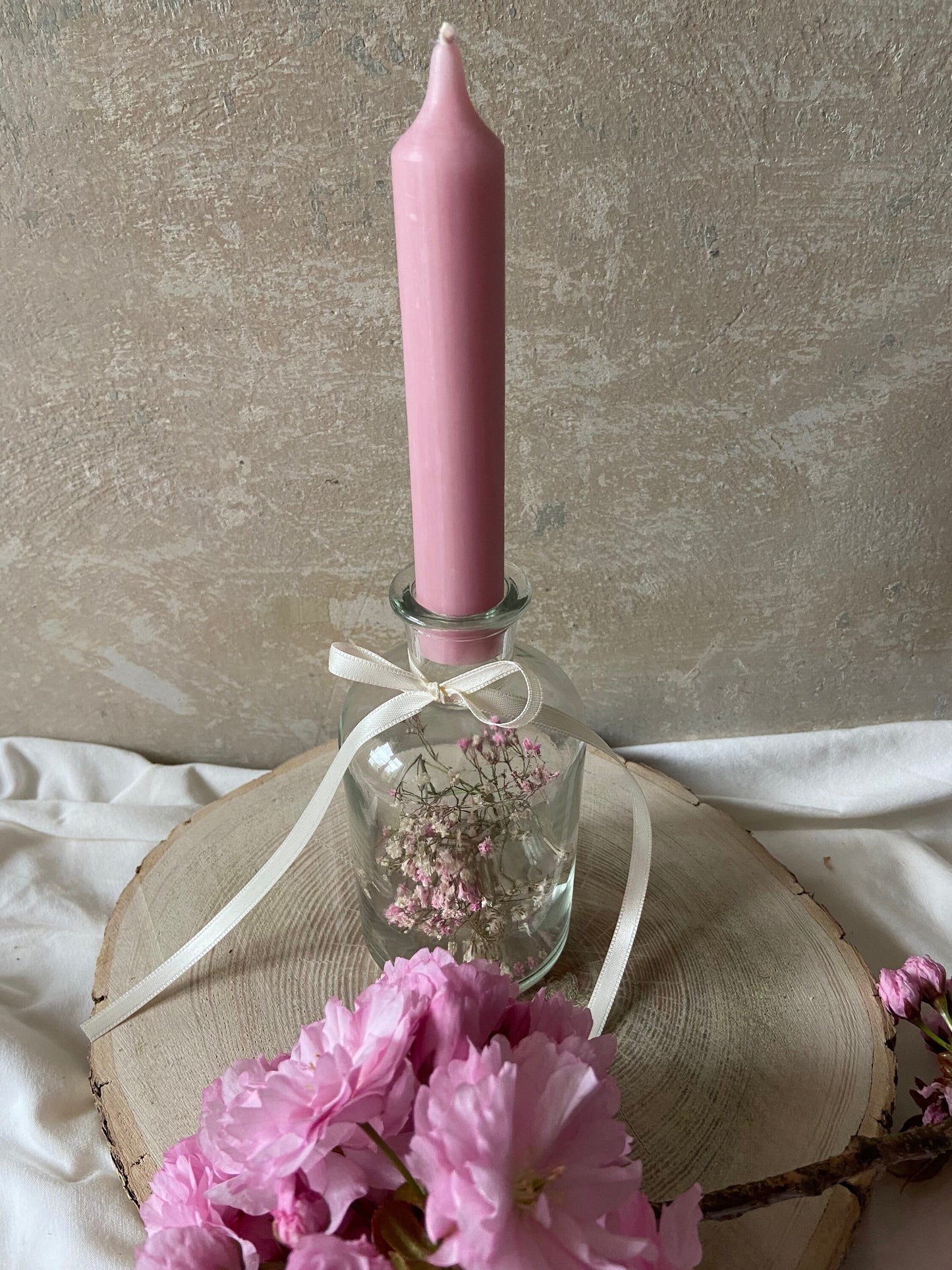 Glasflasche | Trockenblumen | Kerze | Schleifenband | Schleierkraut | weiß | rosa | Tischdeko | Hochzeitsdeko | kleine Geschenke