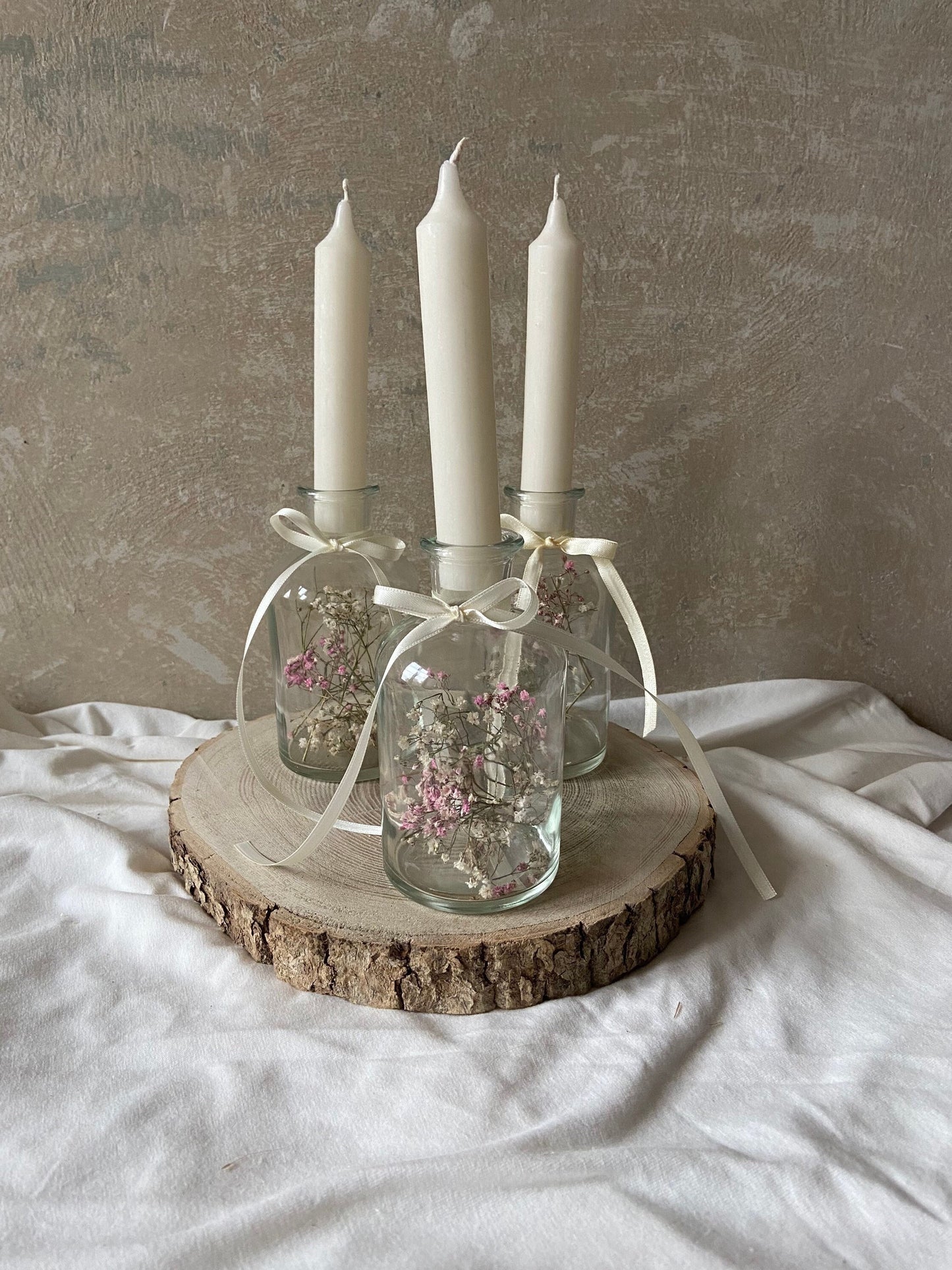 Glasflasche | Trockenblumen | Kerze | Schleifenband | Schleierkraut | weiß | rosa | Tischdeko | Hochzeitsdeko | kleine Geschenke