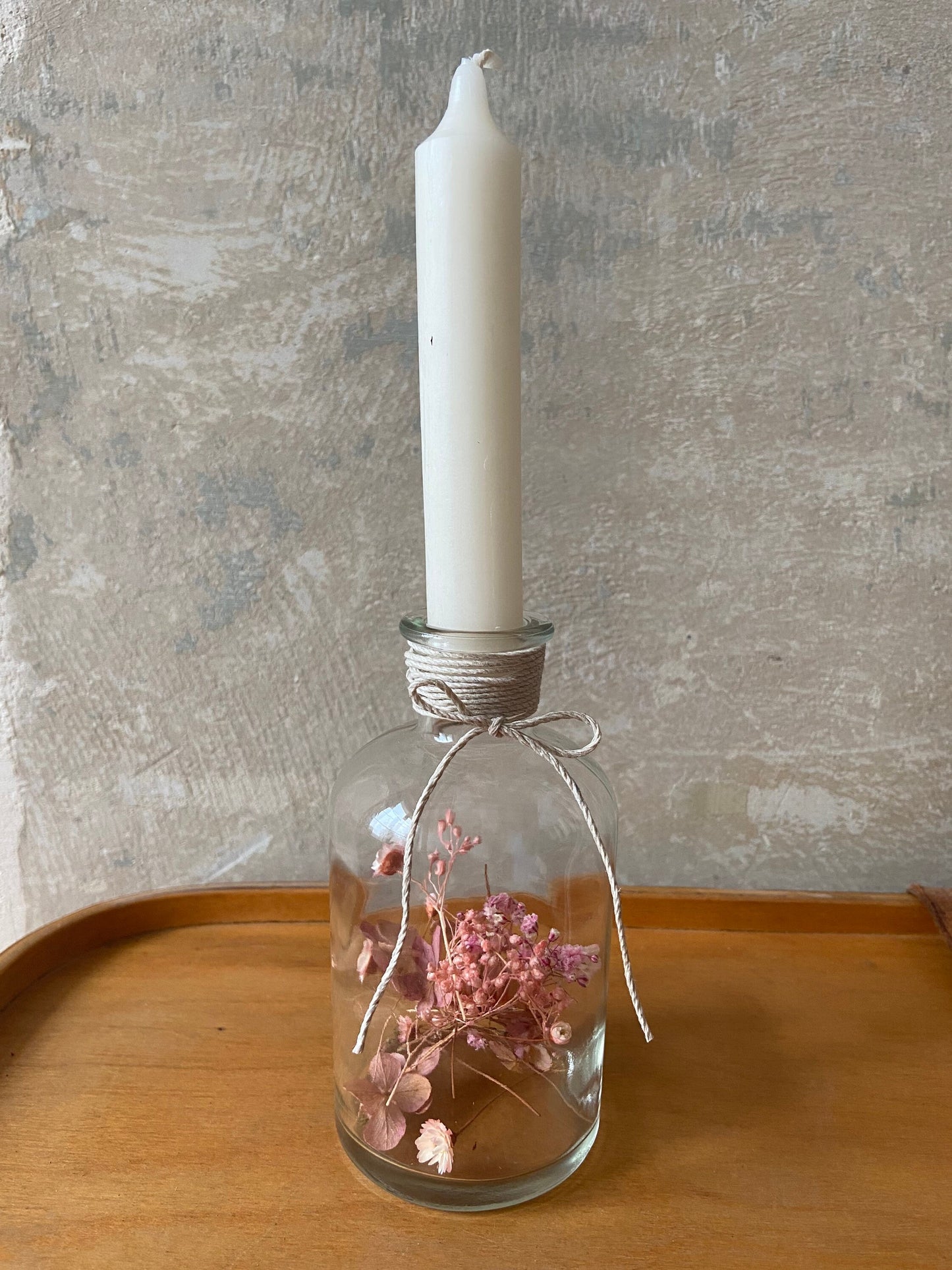 Kerze | Trockenblumen | Glasflasche | Schleifenband