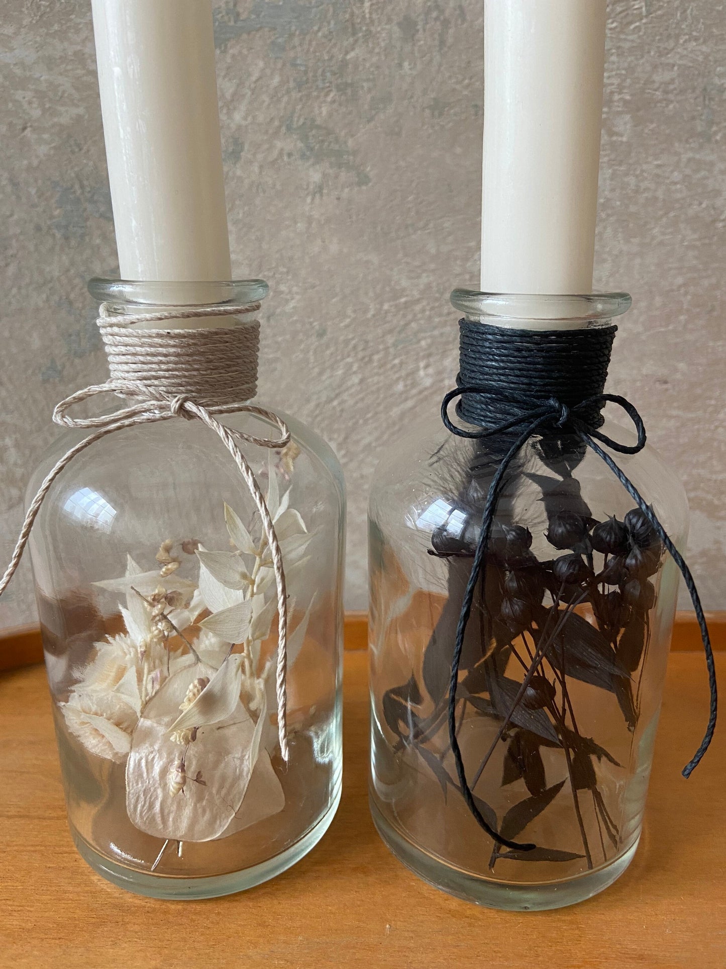 Kerze | Trockenblumen | Glasflasche | Schleifenband