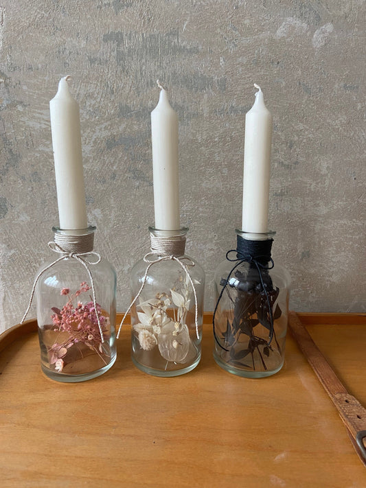 Kerze | Trockenblumen | Glasflasche | Schleifenband