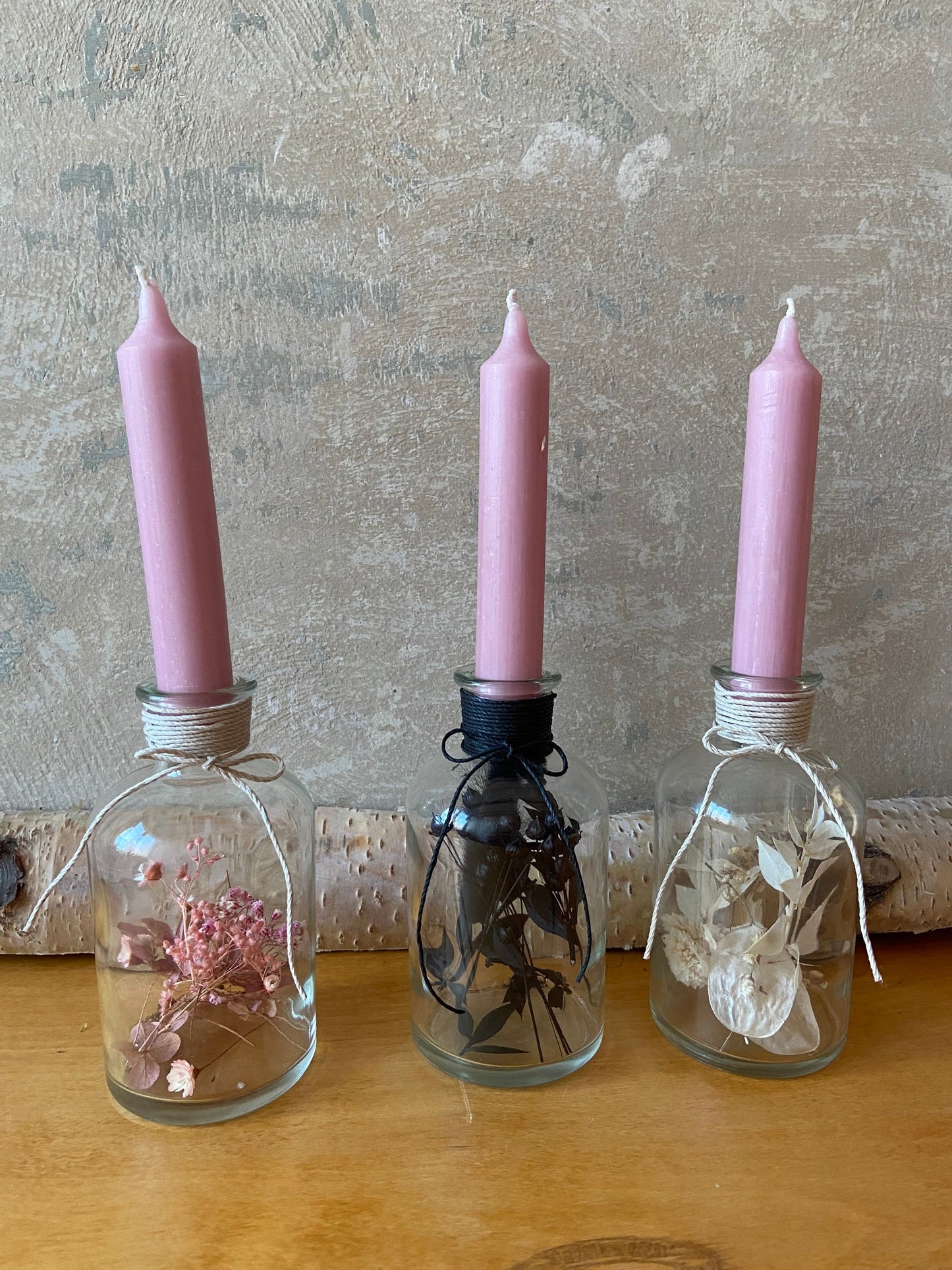 Kerze | Trockenblumen | Glasflasche | Schleifenband