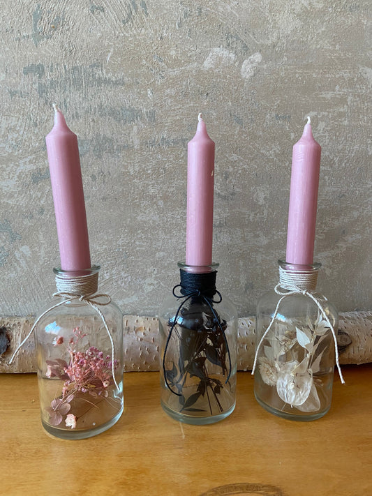 Kerze | Trockenblumen | Glasflasche | Schleifenband