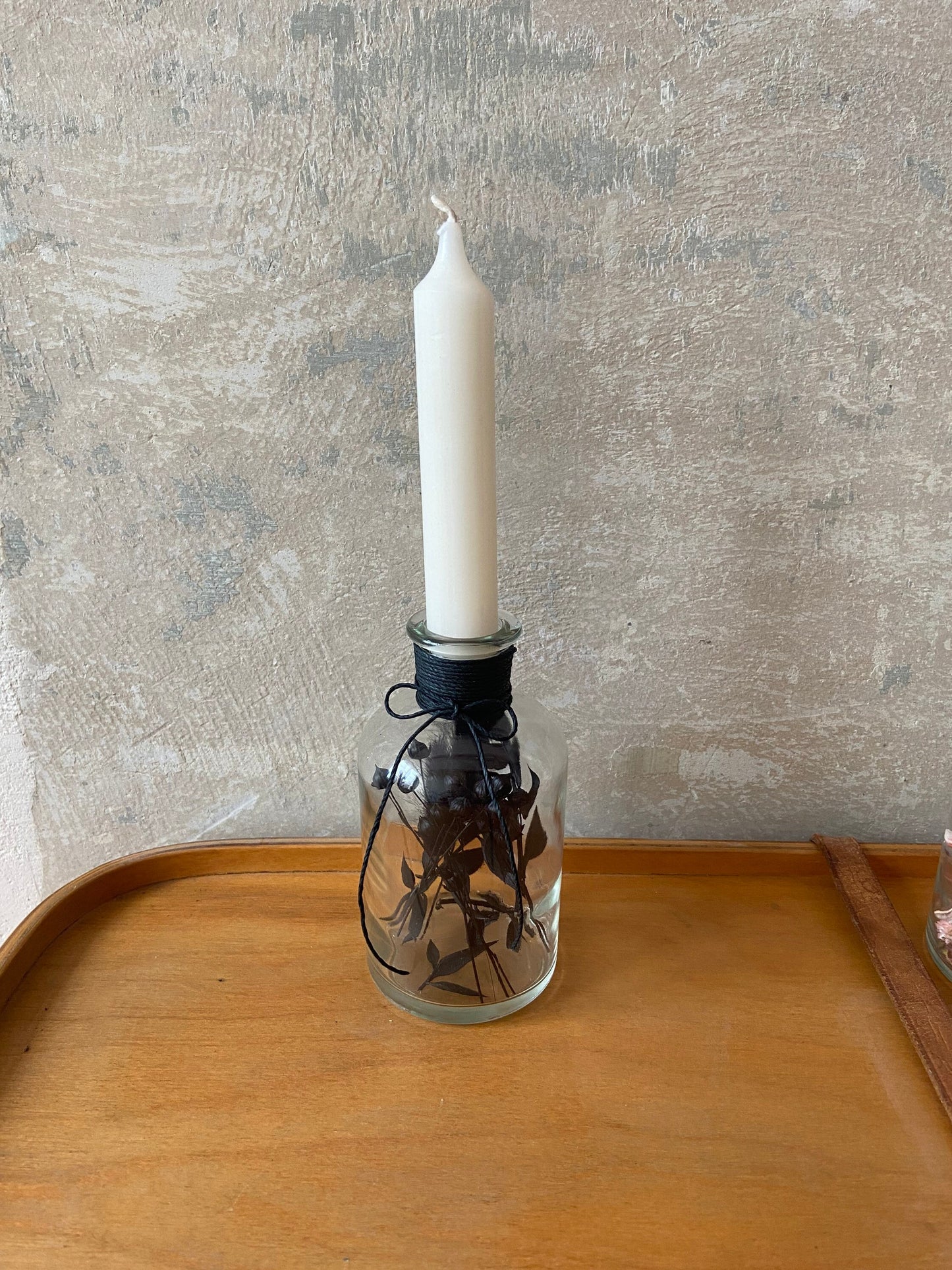 Kerze | Trockenblumen | Glasflasche | Schleifenband