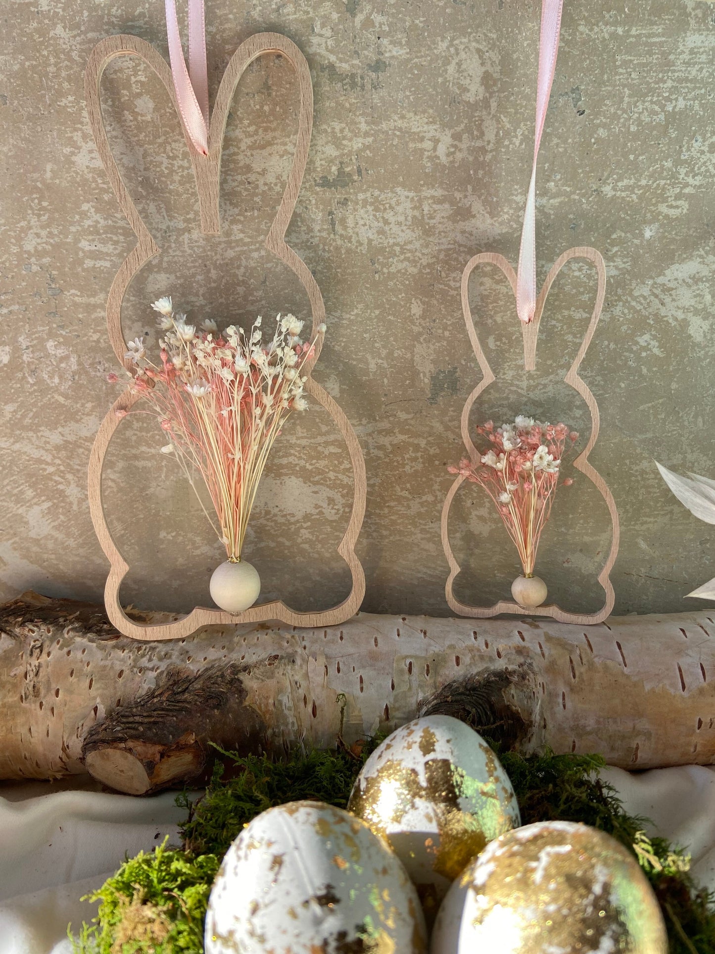 Hase | Osterhase | Holzhase | getrocknete Blüten | Ostern | Ostertisch | Osterdeko |Trockenblumen | Deko | Einladung | Tischdeko | Anhänger