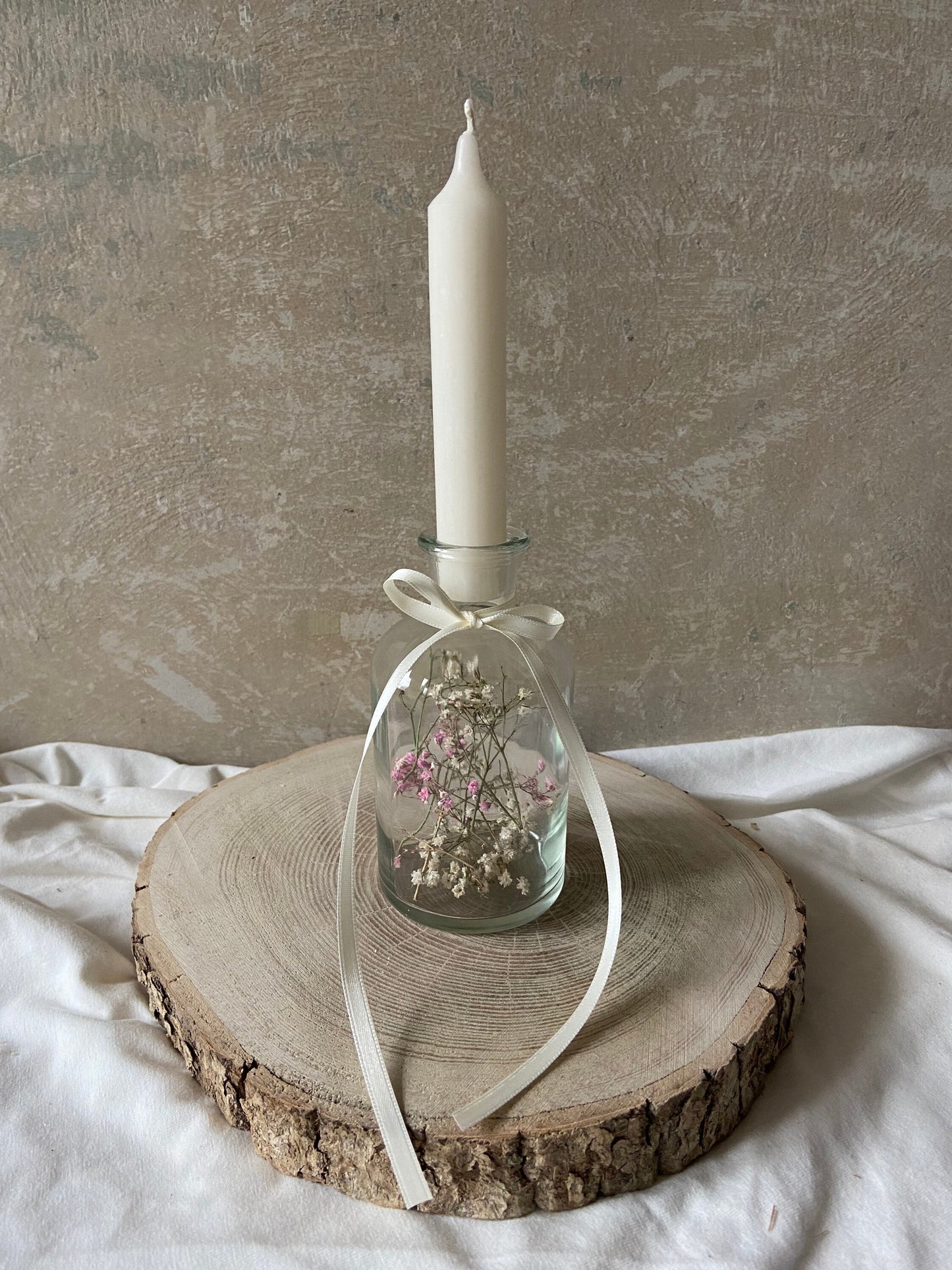 Glasflasche | Trockenblumen | Kerze | Schleifenband | Schleierkraut | weiß | rosa | Tischdeko | Hochzeitsdeko | kleine Geschenke