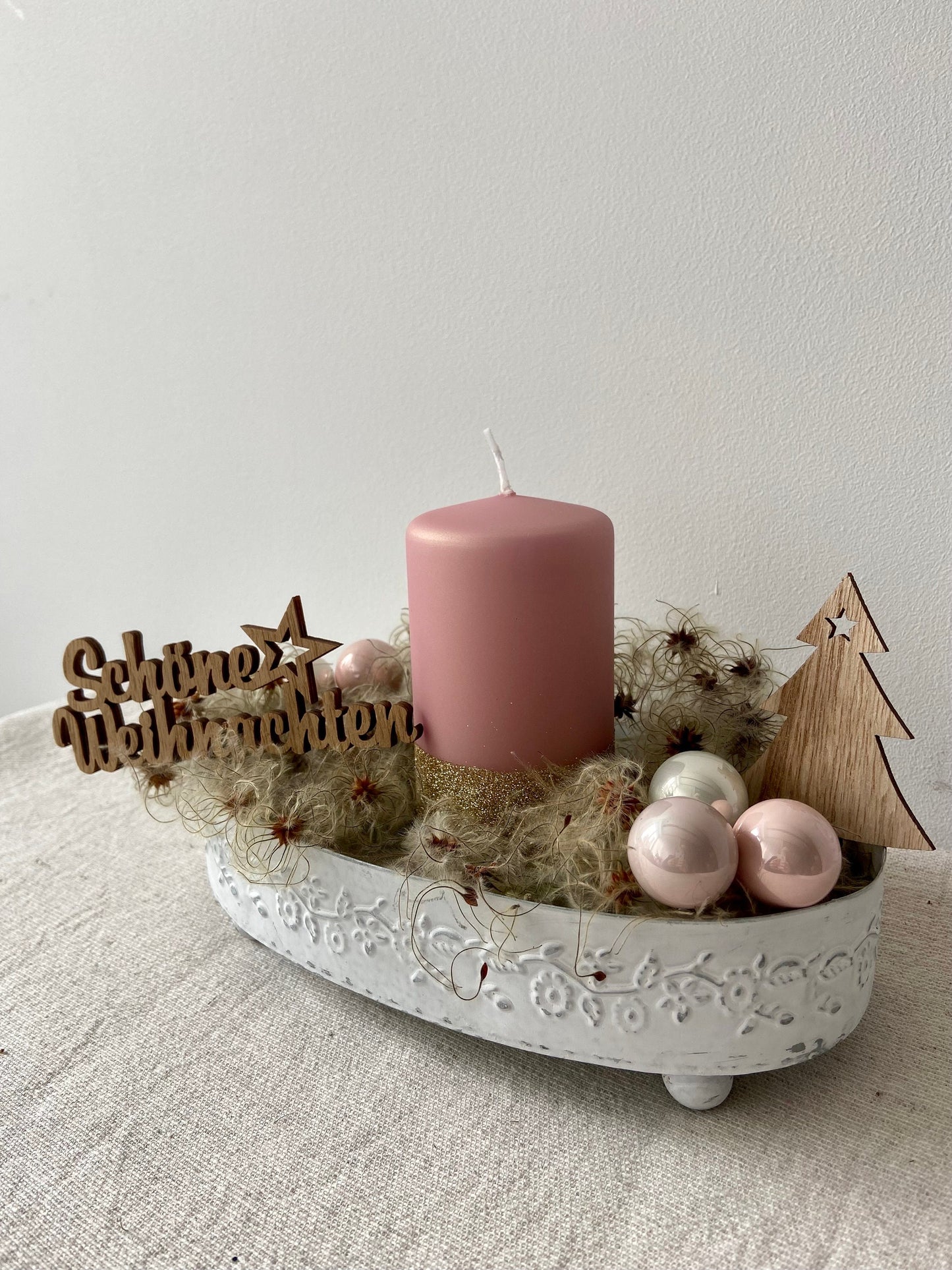 Metall Tablett mit Füßen | Deko Schale | ShabbyLook | ovale Schale | Ornamente | Weihnachten | Advent | Winter | Deko | Tablett | weiß